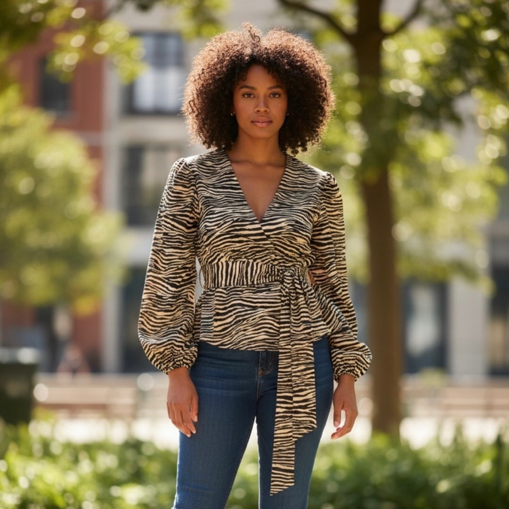 Animal Print Wrap Style Tie Waist Blouse